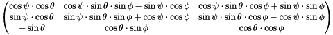 $\begin{pmatrix}\cos\psi\cdot\cos\theta & \cos\psi\cdot\sin\theta\cdot\sin\phi-\sin\psi\cdot\cos\phi & \cos\psi\cdot\sin\theta\cdot\cos\phi+\sin\psi\cdot\sin\phi \\ \sin\psi\cdot\cos\theta & \sin\psi\cdot\sin\theta\cdot\sin\phi+\cos\psi\cdot\cos\phi & \sin\psi\cdot\sin\theta\cdot\cos\phi-\cos\psi\cdot\sin\phi \\ -\sin\theta & \cos\theta\cdot\sin\phi & \cos\theta\cdot\cos\phi \end{pmatrix}$