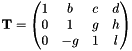 $\mathbf{T}=\begin{pmatrix}1 & b & c & d \\ 0 & 1 & g & h \\ 0 & -g & 1 & l \end{pmatrix}$