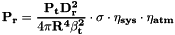 \[\mathbf{P_r}=\frac{\mathbf{P_t}\mathbf{D_r^2}}{4\mathbf{\pi}\mathbf{R^4}\mathbf{\beta_t^2}}\cdot\mathbf{\sigma}\cdot\mathbf{\eta_{sys}}\cdot\mathbf{\eta_{atm}}\]